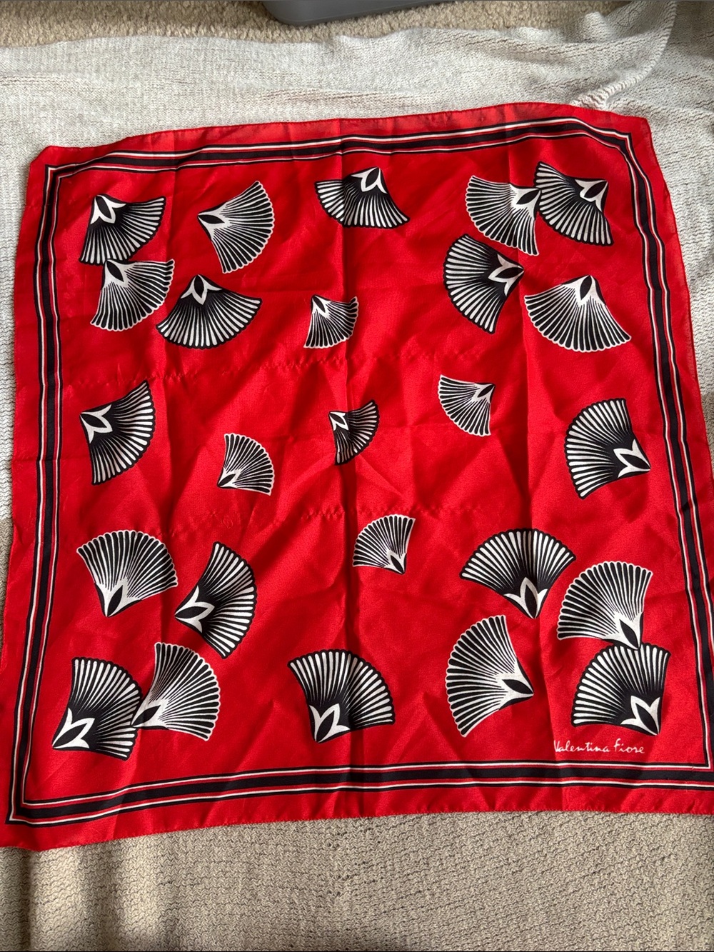 Valentina Fiore Red Printed Silk Scarf with Black & White Fan Motif 26” square